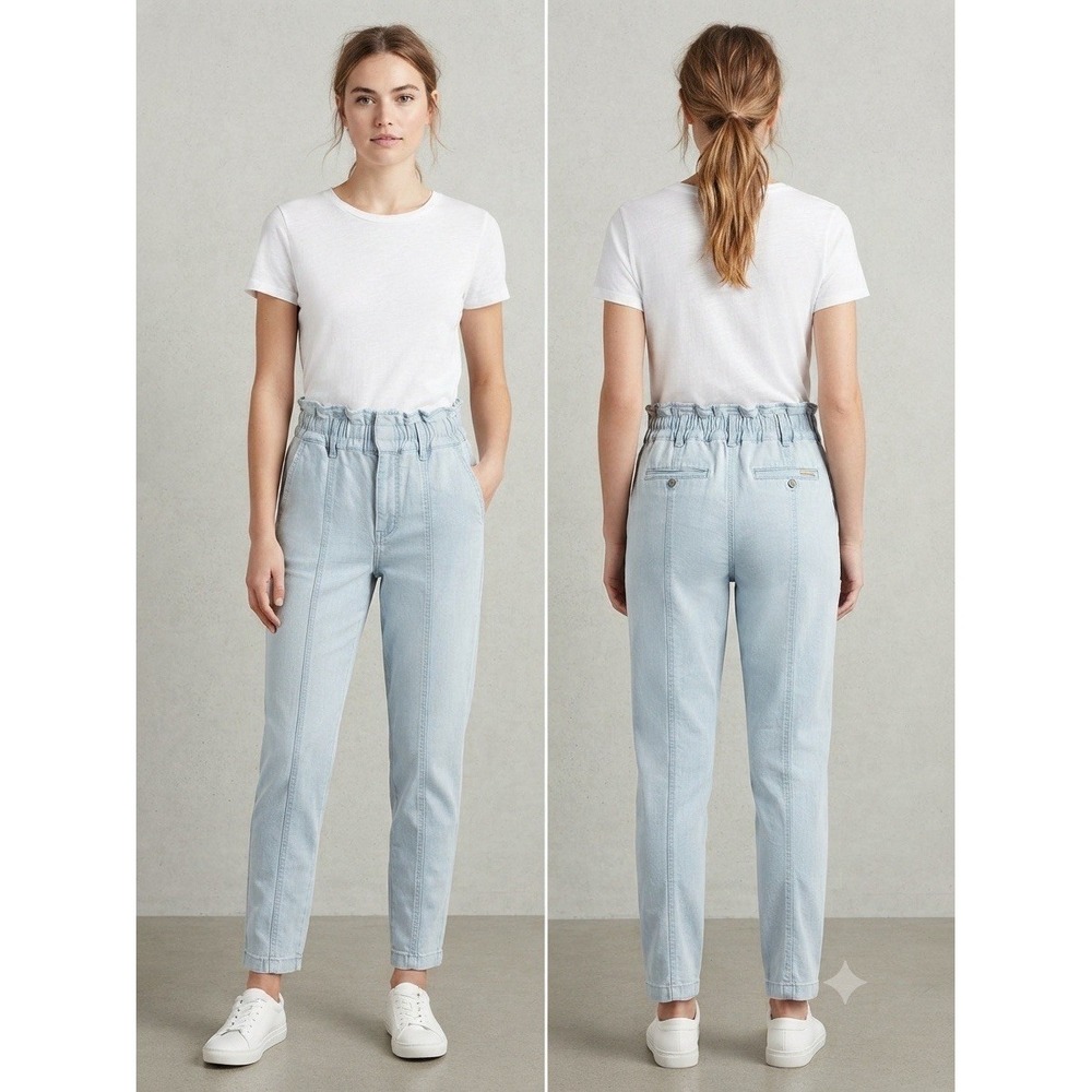 Light‎ Wash Denim Paperbag Trousers Elastic Waist Casual Pants Size